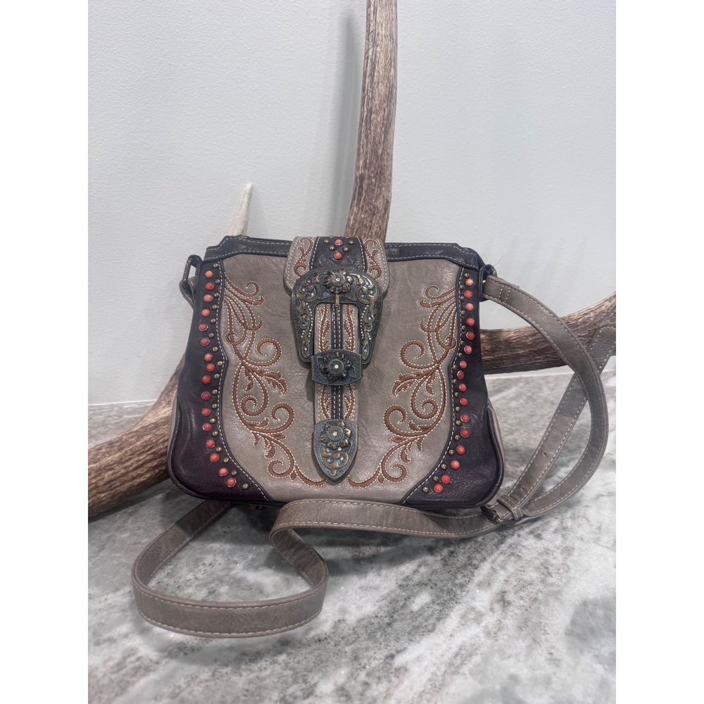 Montana West Western Crossbody Bag Embroidered Buckle CCW Concealed Carry Brown